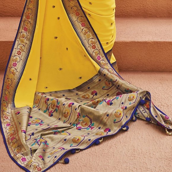 JHEAPS MANGO YELLOW ZARI WOVEN PAITHANI SILK SAREE WITH DESIGNER BLOUSE - Picture 4 of 4